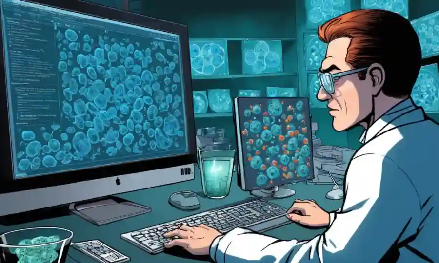 Biólogo molecular analizando secuencias de ADN en una pantalla de computadora entre muestras de hongos de platillo petri.