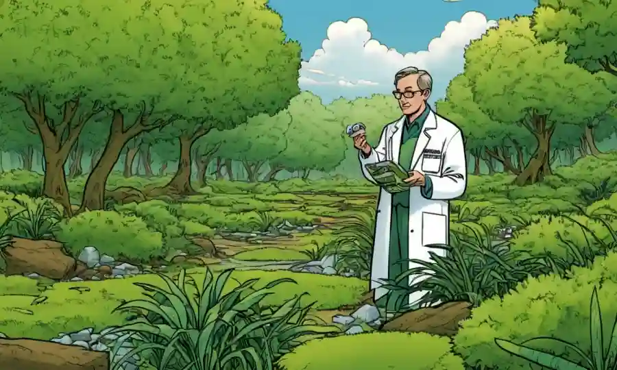Científico recolectando muestras de plantas en un entorno natural verde.