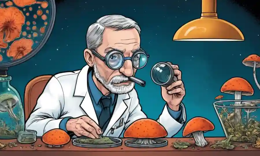 Un micólogo que examina hongos bajo un microscopio o en un plato de petri.