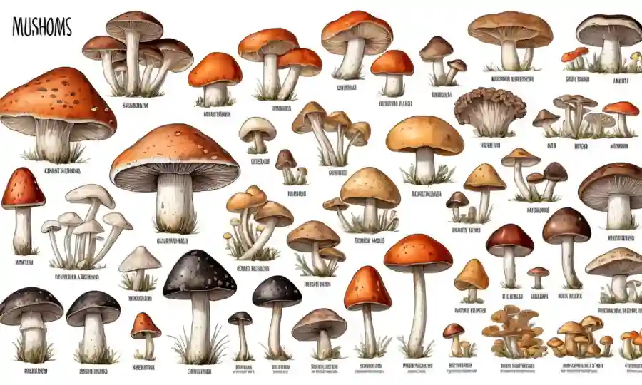 Varios tipos de hongos mostrados en un fondo blanco con etiquetas de identificación.
