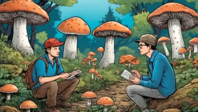 Un micólogo observando diferentes tipos de hongos en un entorno natural.