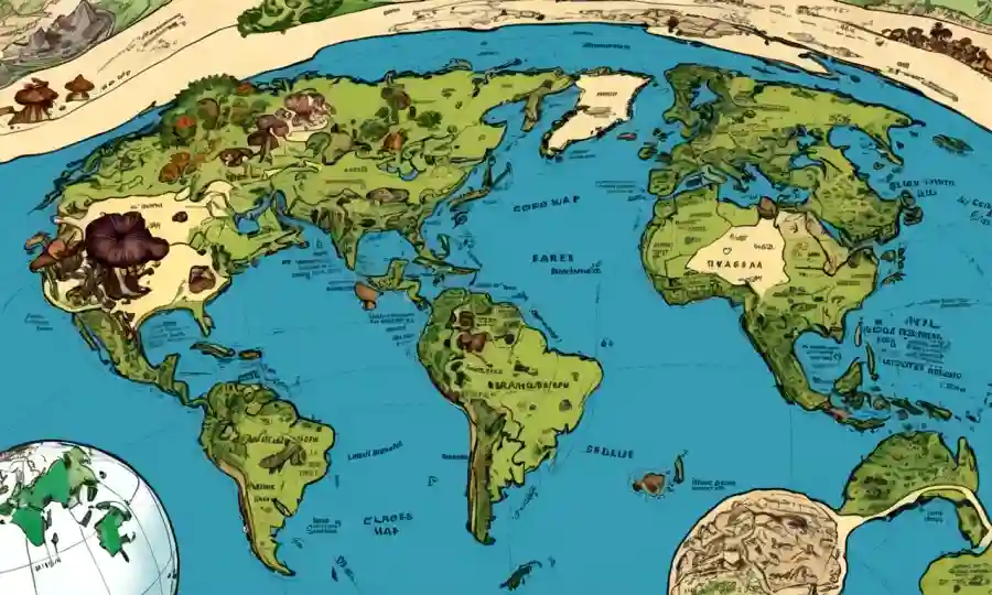 Varios especímenes de hongos se propagan en un mapa de globo o tierra.