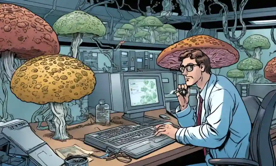 Científicos que estudian la diversidad de hongos utilizando bases de datos y computadoras.