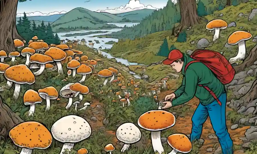 Una persona que recoge hongos en la naturaleza, con diversos métodos tradicionales y técnicas de catalogación.
