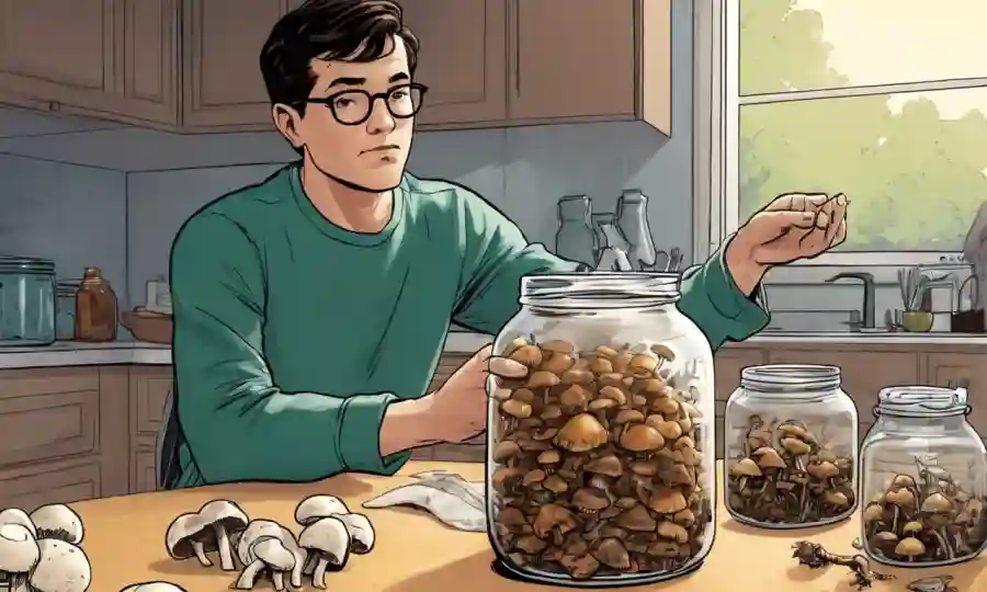 Persona examinando setas conservadas en un frasco en una mesa de cocina.