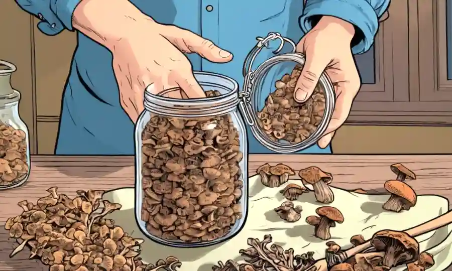 Las manos sostienen un frasco que contiene setas secas en un entorno casero.