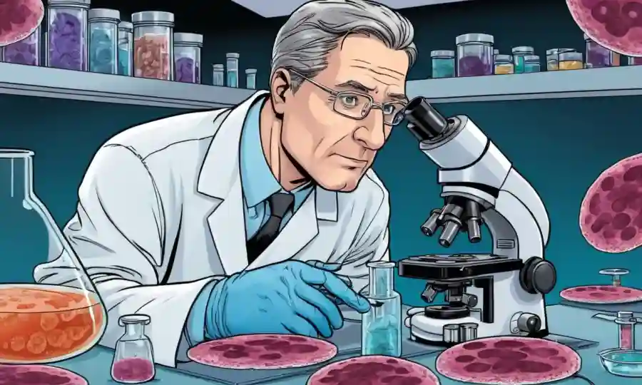 Scientist analyzing petri plates with fungal cultures under a microscope.