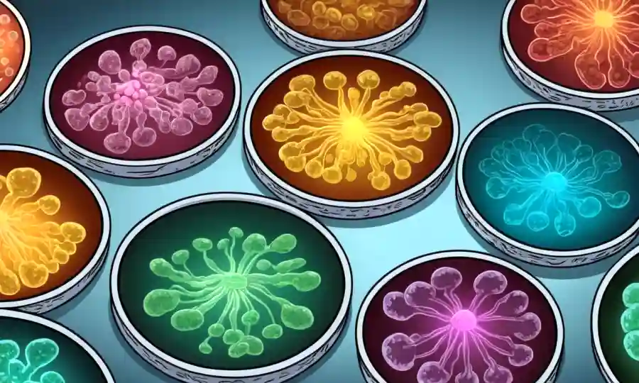 Cierre de platos petri que contienen diversas culturas fúngicas bajo la iluminación del laboratorio.