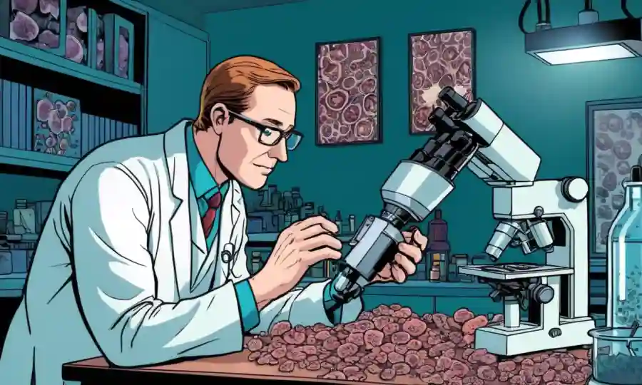 Científicos de laboratorio que estudian muestras de genética fúngica bajo microscopios