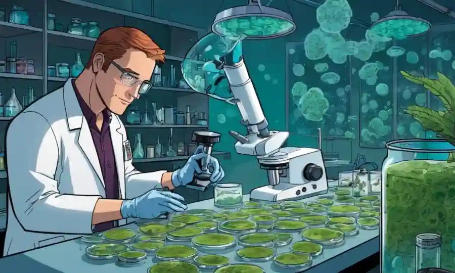 Científico trabajando en un laboratorio con platos Petri y microscopios, rodeado de culturas fúngicas.