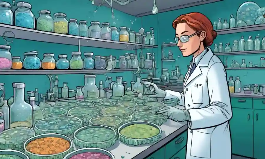 Un microbiólogo en un laboratorio rodeado de culturas fúngicas y platos petri.