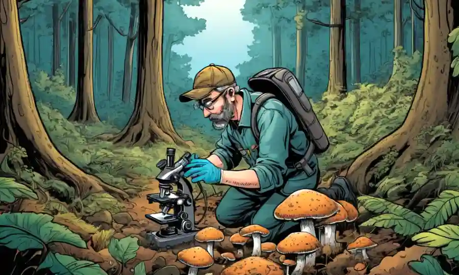 Un investigador que recoge muestras de hongos en un bosque, con un microscopio o equipo en el fondo.