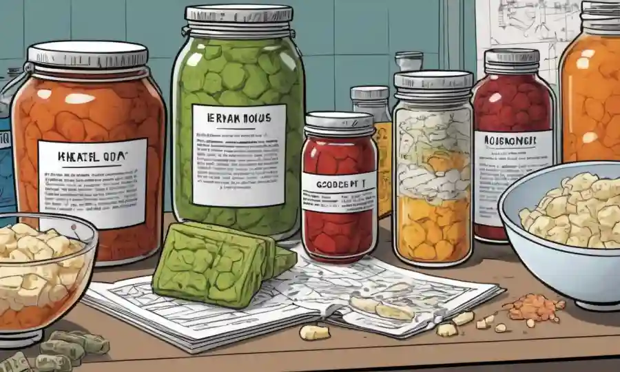Varios productos fermentados en exhibición en medio de diagramas científicos y notas de investigación.