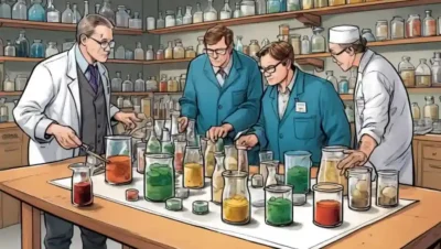 Expertos en conservación que examinan los productos fermentados en medio de los faros y diagramas.