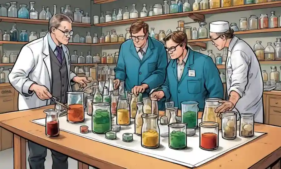 Expertos en conservación que examinan los productos fermentados en medio de los faros y diagramas.