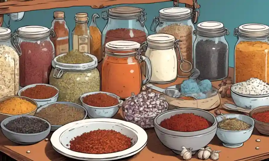Una mesa llena de productos fermentados rodeados de tazas de medición y especias.