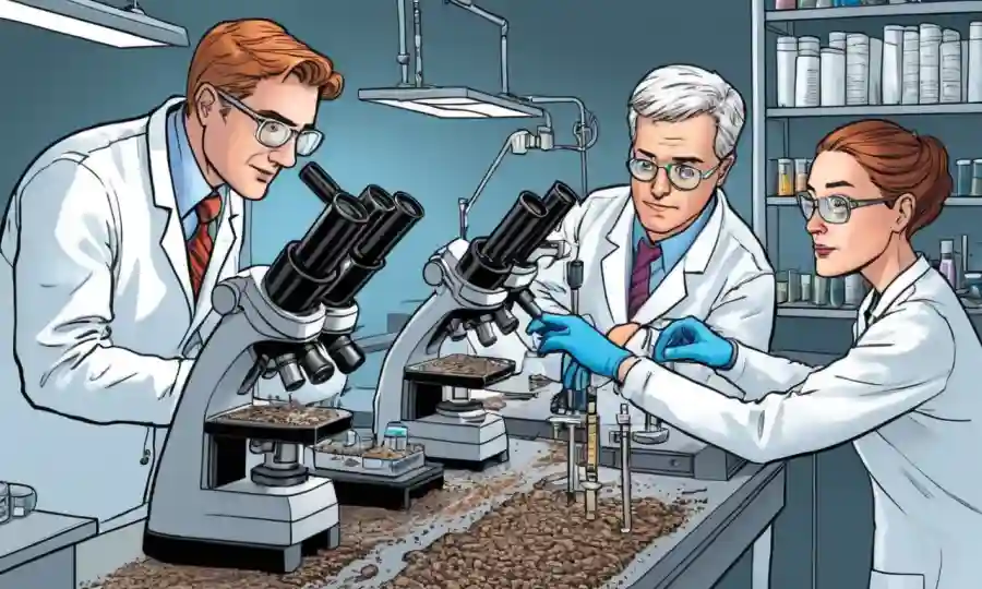 Científicos que examinan muestras de suelo usando microscopios en un laboratorio.