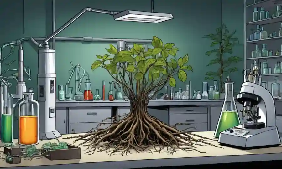 Escena de laboratorio científico con equipos y muestras de raíces vegetales.
