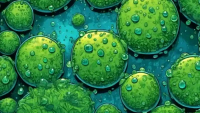 Imagen microscopio de microbios rodeados de vegetación y gotas de agua.