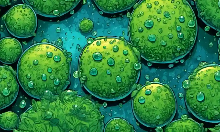 Imagen microscopio de microbios rodeados de vegetación y gotas de agua.