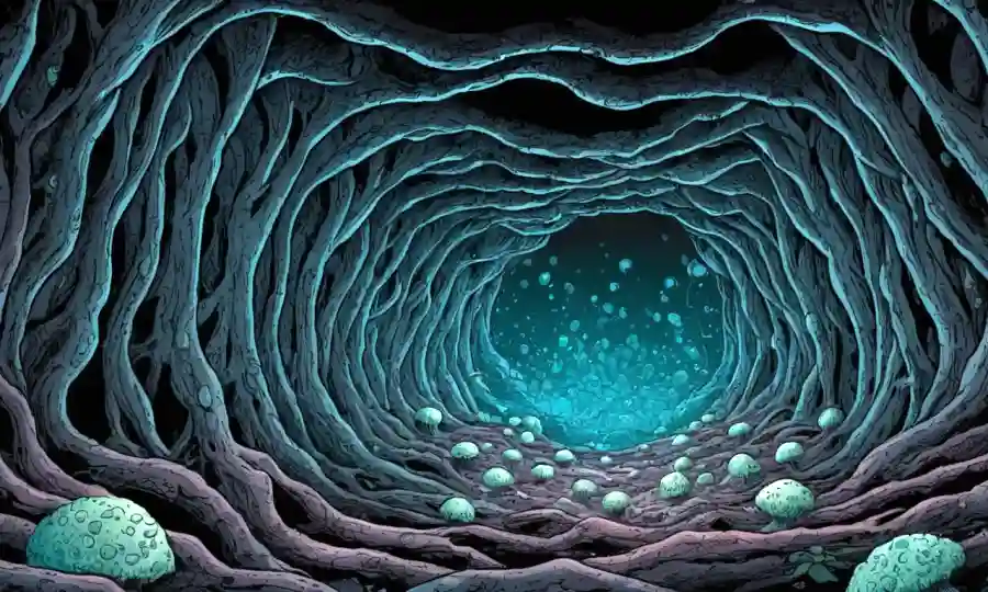Las estructuras de miceilium conectan células fúngicas en una red subterránea.