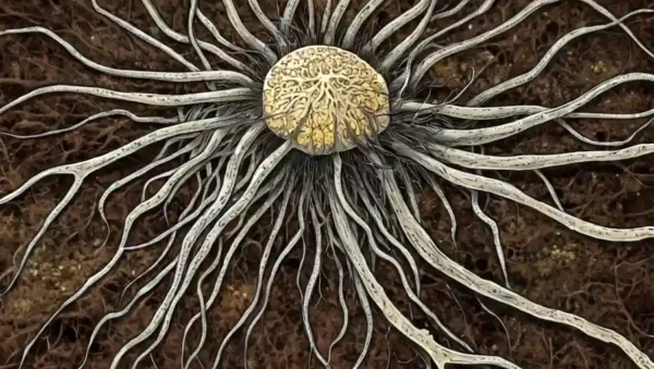 Imagen microscópica de hifa de hongos MICELIO rodeada de raíces vegetales.
