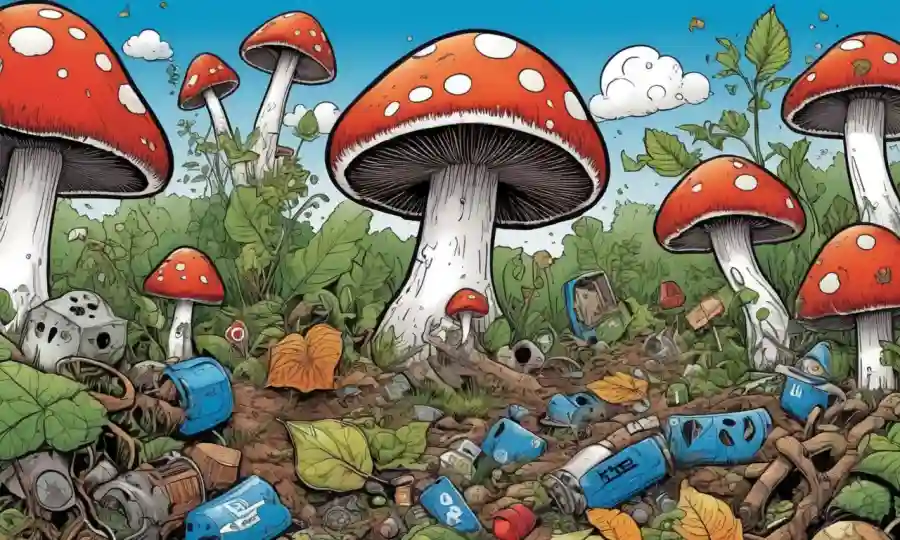 Un héroe parecido al hongo rodeado de símbolos de reciclaje y elementos naturales.