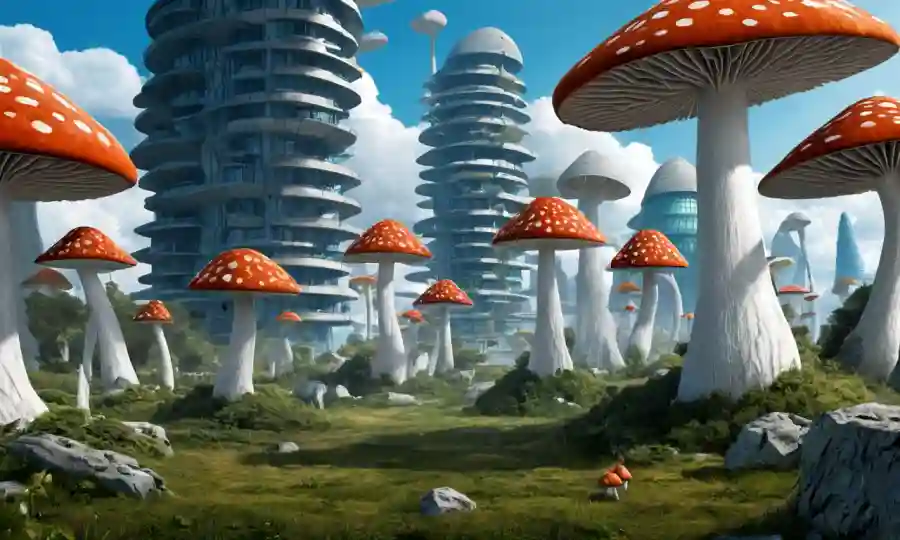 Una colonia de hongos se utiliza como bloques de construcción para estructuras sostenibles, con arquitectura futurista en el fondo.