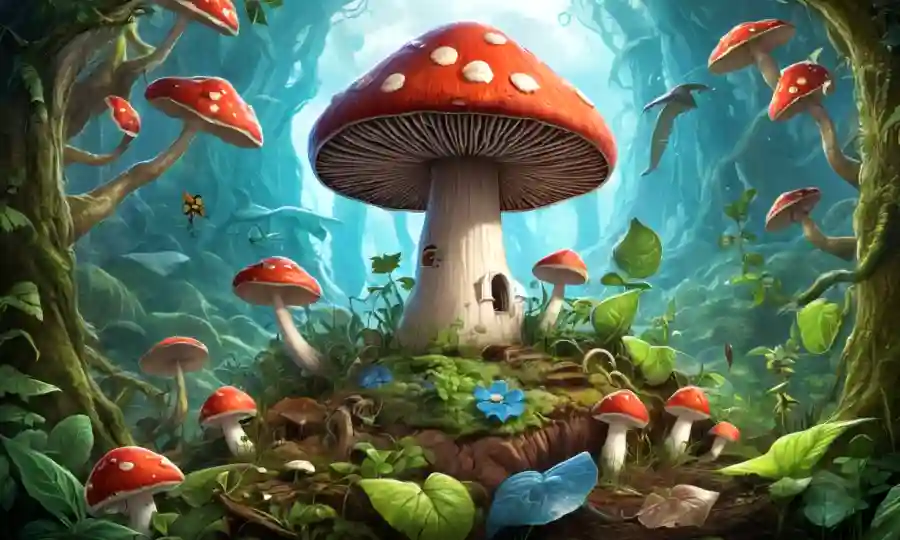 Un personaje heroico de hongos rodeado de elementos ecológicos y símbolos circulares de reciclaje.