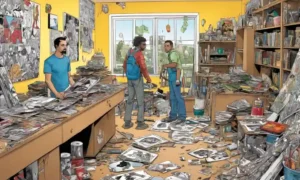 Artistas trabajando con materiales reciclados en estudios creativos.