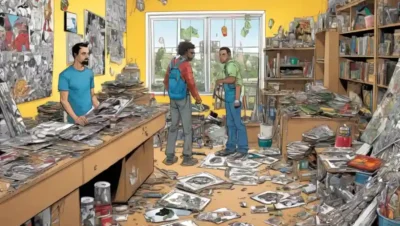 Artistas trabajando con materiales reciclados en estudios creativos.