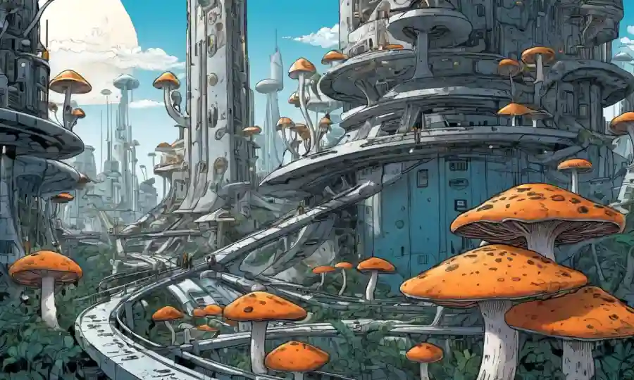 Una obra mix-media con formas de hongos en un futurista paisaje urbano.
