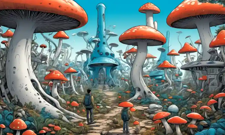 Un artista moderno rodeado de hongos y esculturas futuristas, destacando su proceso creativo.