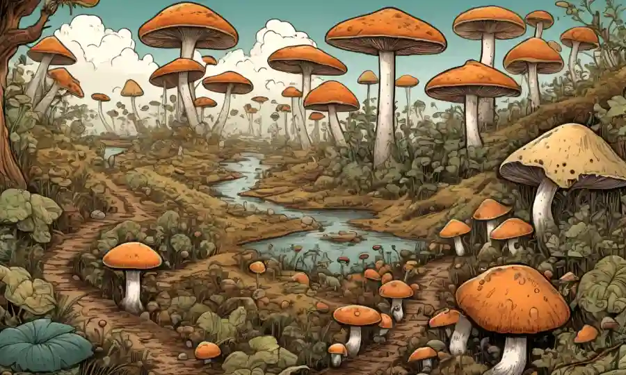 Crecimiento de hongos e ilustraciones de producción de alimentos sostenibles en tonos terrenales.