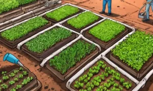 Microgreens creciendo en suelo con herramientas agrícolas innovadoras y cosecha de personas