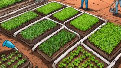 Microgreens creciendo en suelo con herramientas agrícolas innovadoras y cosecha de personas