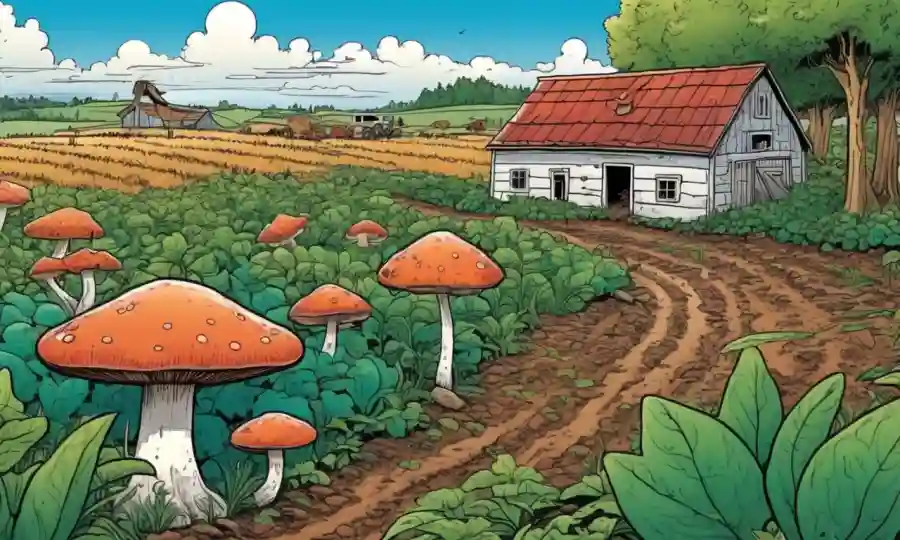 Las ilustraciones de hongos microscópicos en medio de paisajes agrícolas muestran una relación simbiótica con plantas para la agricultura sostenible.