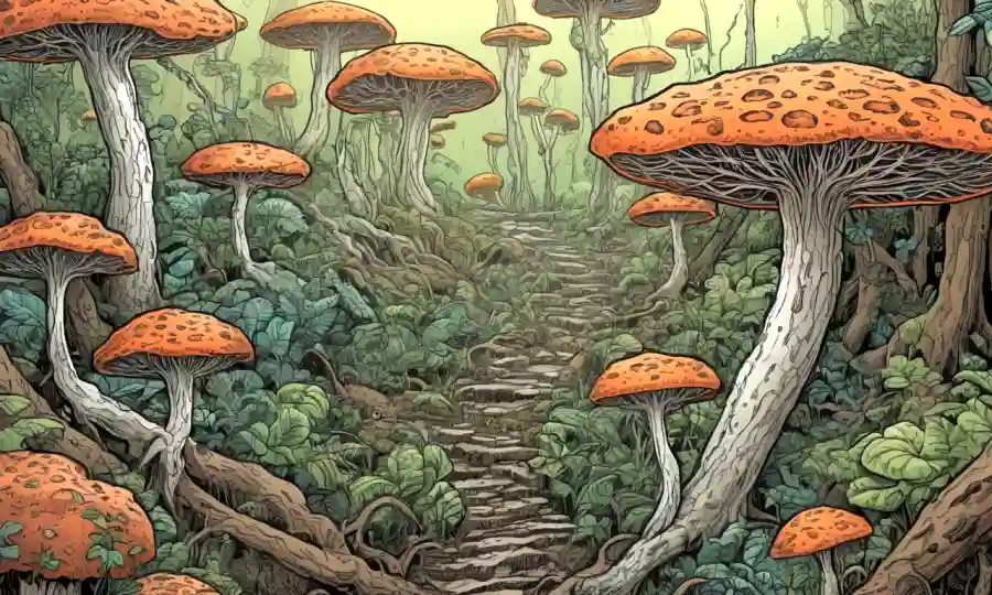 Mycelium, redes fúngicas y plantas creciendo juntas en armonía.