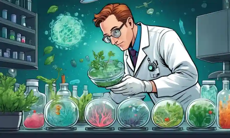 Un científico que examina microorganismos en un plato petri con vegetación e iconos médicos que lo rodean.