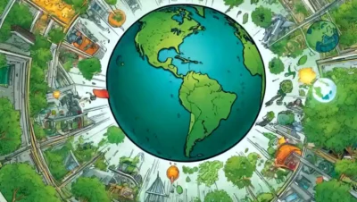 Un globo verde rodeado de innovadoras soluciones ecológicas.