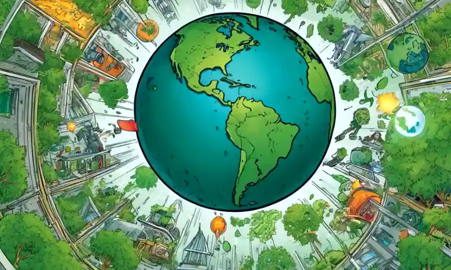 Un globo verde rodeado de innovadoras soluciones ecológicas.