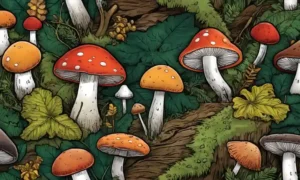 Un disparo de cerca de varios tipos de hongos en un fondo forestal.