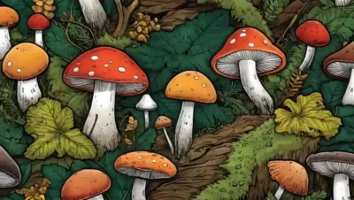 Un disparo de cerca de varios tipos de hongos en un fondo forestal.