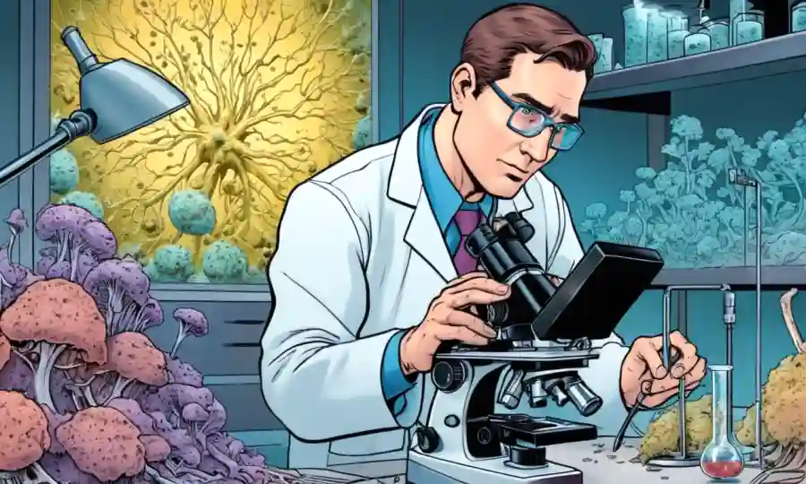 Un científico que estudia estructuras fúngicas bajo un microscopio en un entorno de laboratorio.