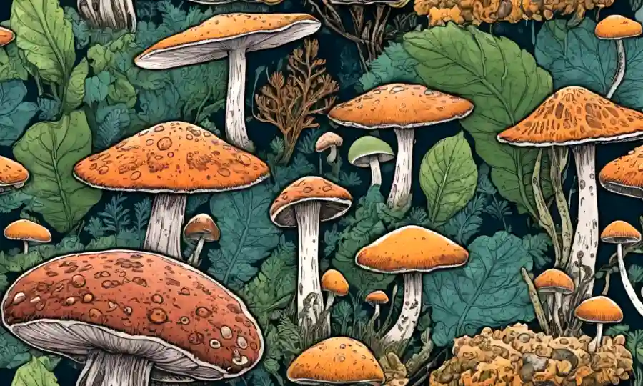 hongos microscópicos que prosperan entre ilustraciones de datos ambientales.