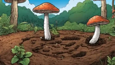 Un micelio de hongos que se extiende a través del suelo
