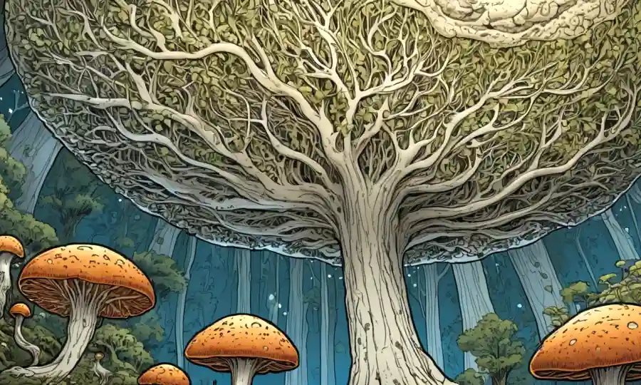 Una ilustración científica que muestra la estructura del micelio y su importancia ambiental.