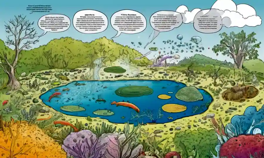 Ilustración de diversos microorganismos que prosperan en diferentes ecosistemas con texto y gráficos superpuestos.