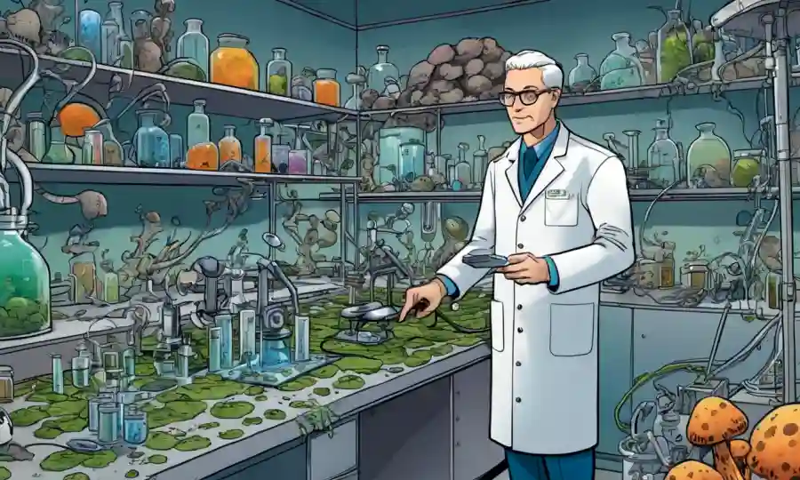 Científico en un laboratorio rodeado de culturas y equipos de hongos para la limpieza ambiental.