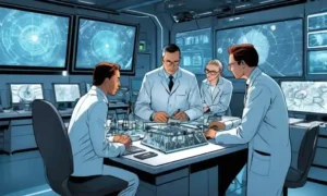 Un grupo de científicos trabajando juntos frente a equipos y pantallas futuristas.